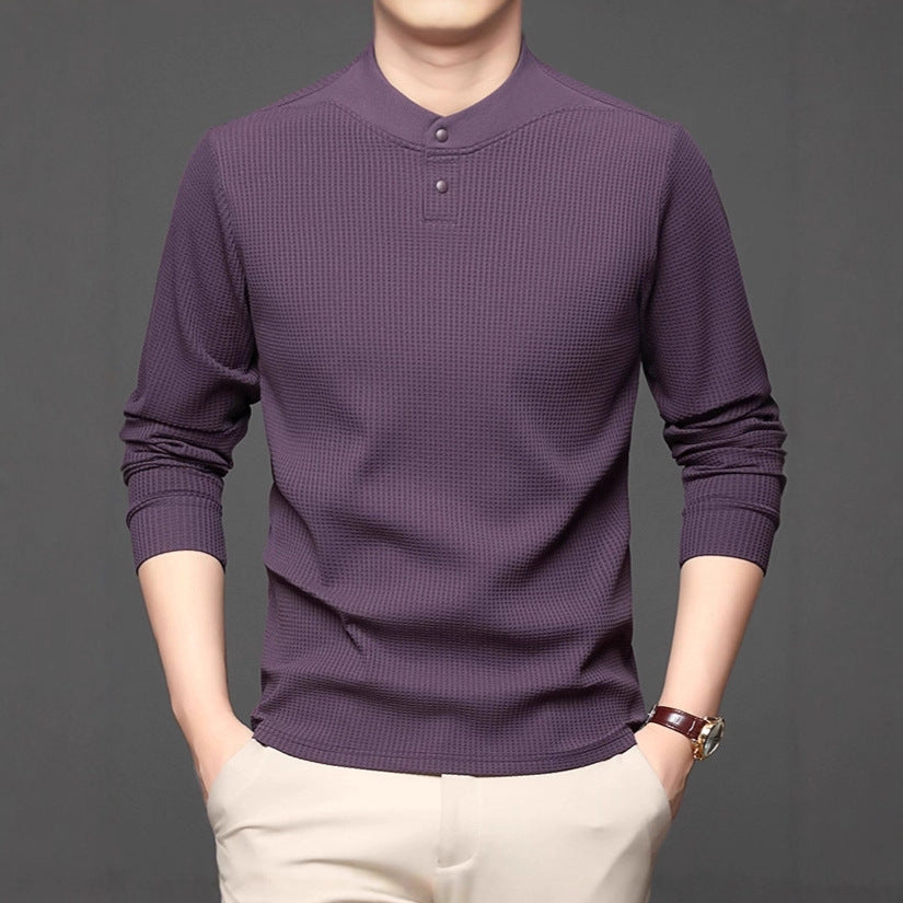 Men's Long Sleeve Shirt with Textured Design and Stand-up Collar Lisslune