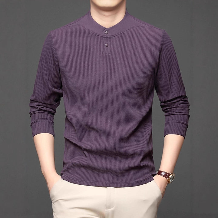Men's Long Sleeve Shirt with Textured Design and Stand-up Collar Lisslune