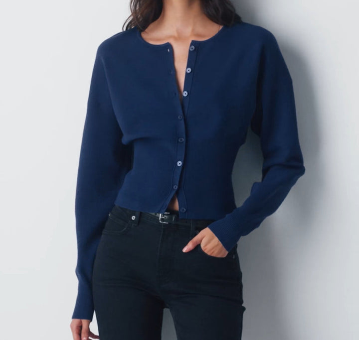 Women's Cropped Cardigan with Button Placket and Ribbed Knit Lisslune