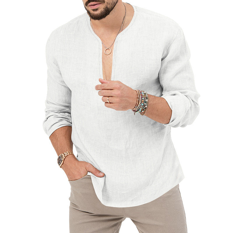 Men's airy linen shirt with deep V-neck and casual fit Lisslune