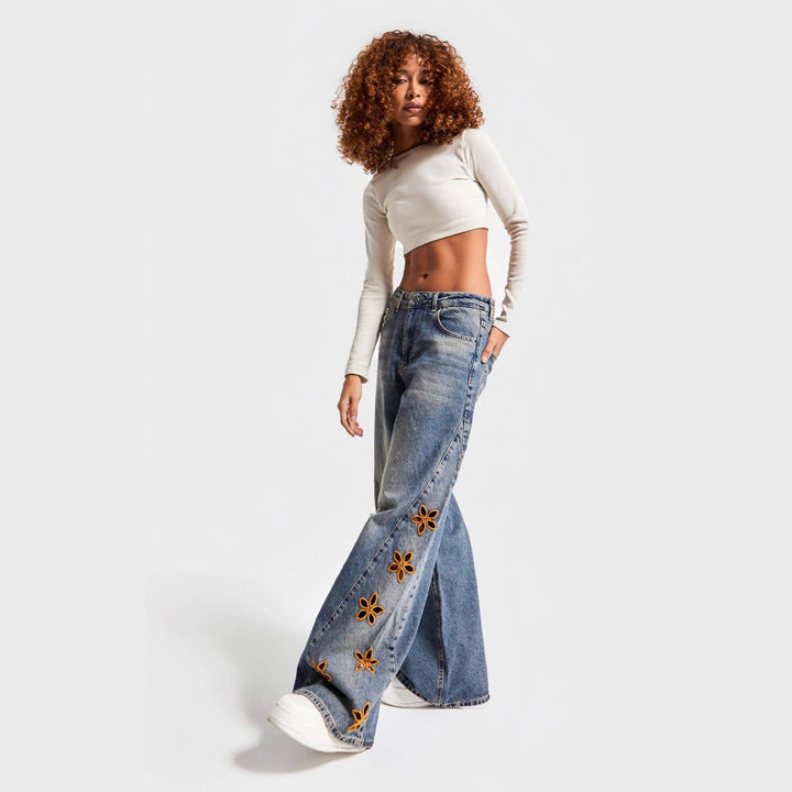 Damen weite Jeans mit floralem Stickdesign Lisslune