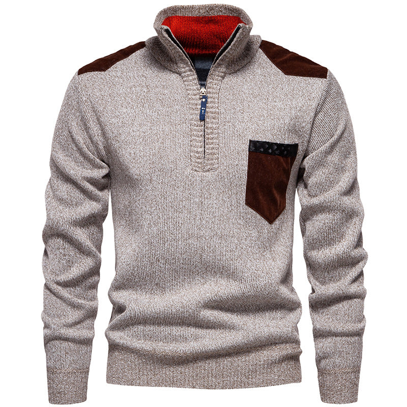 Men's Stand Collar Sweater with Contrasting Details and Practical Pockets Lisslune