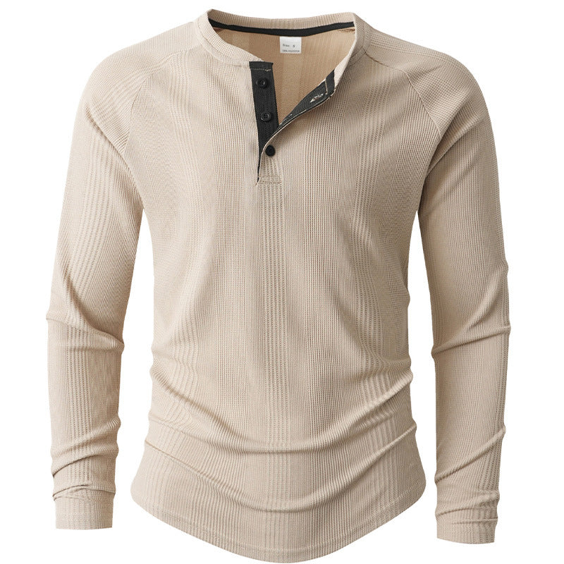 Men's Long Sleeve Henley Shirt with Textured Surface Lisslune