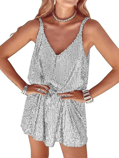 Women's Shimmering Jumpsuit with Deep V-Neck and Elastic Waist Lisslune