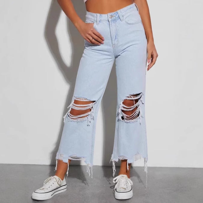 Ladies casual boyfriend jeans with eye-catching destroyed details and wide leg Lisslune