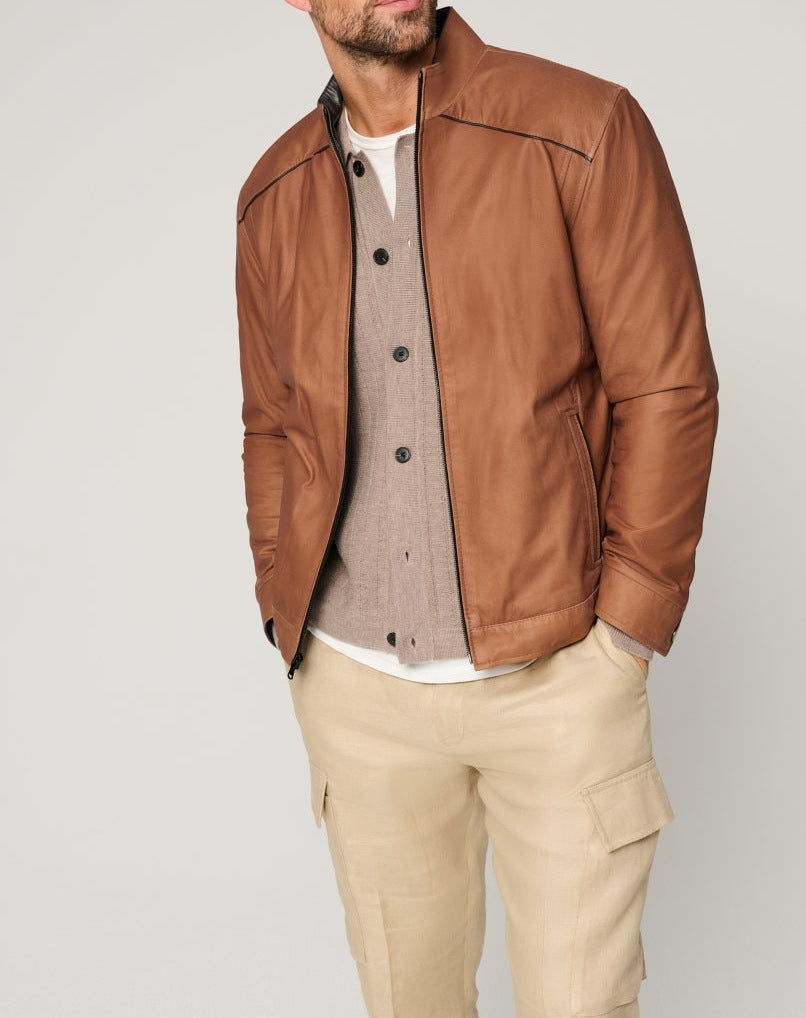 Men's leather jacket with elegant stand collar and side zippered pockets Lisslune