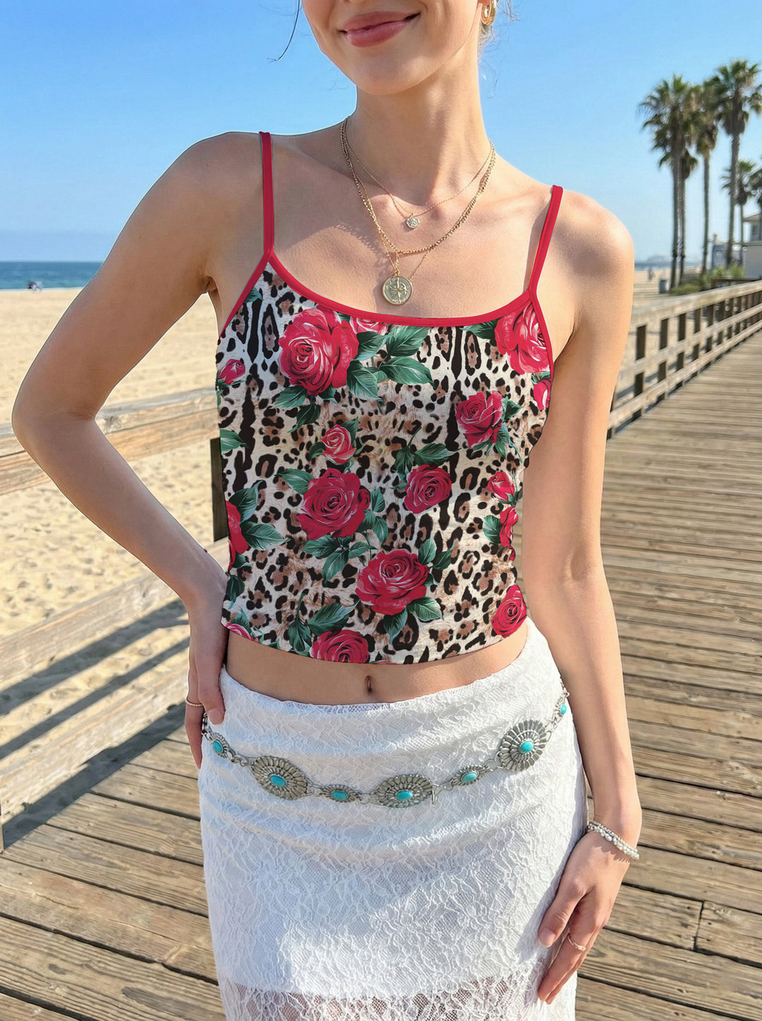 Women's casual floral top with fine spaghetti straps and elastic cut Lisslune