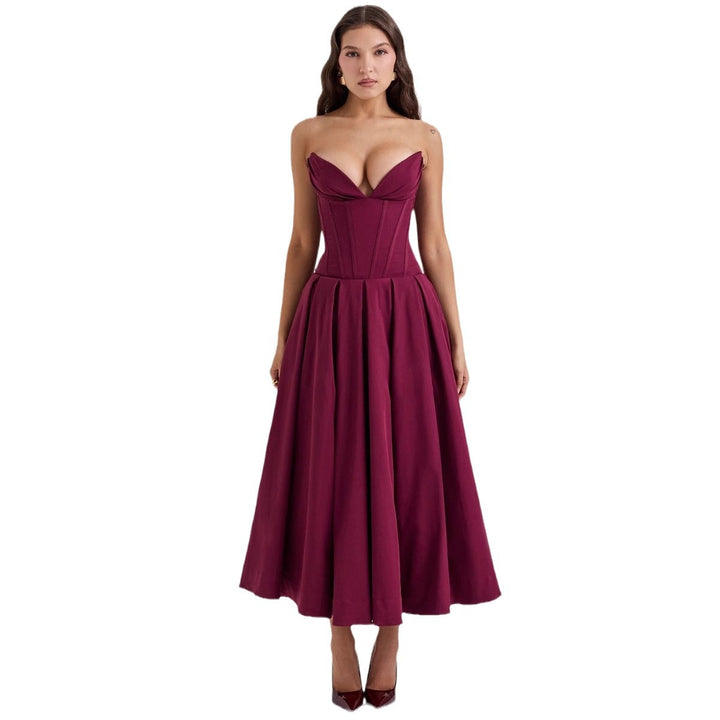 Women's A-line evening dress with corset top and flared skirt