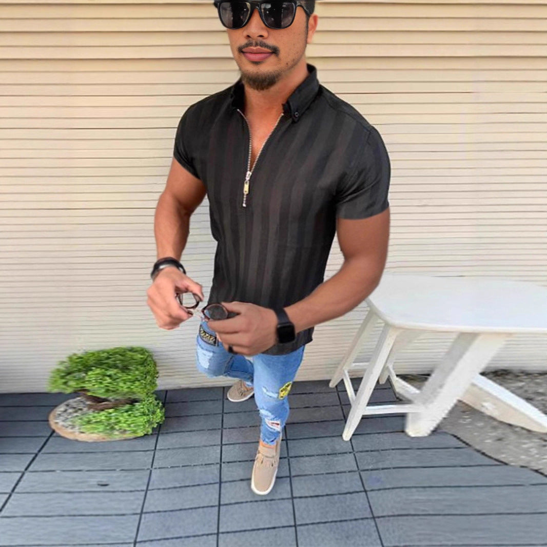 Men's short-sleeve shirt with modern stripes and elegant zip opening Lisslune