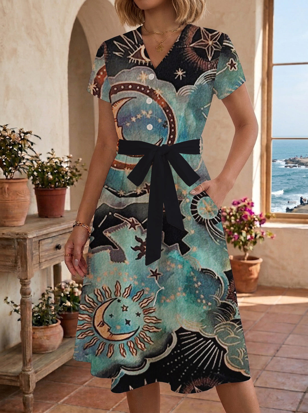 Women's Blooming Midi Dress with Adjustable Belt and Artistic Print Lisslune