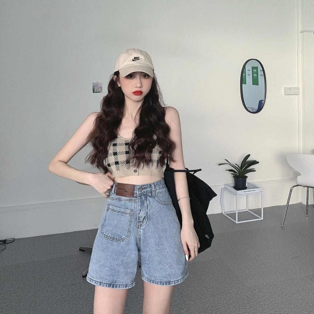 Women's Cropped Top with Check Pattern and Button Detail Lisslune