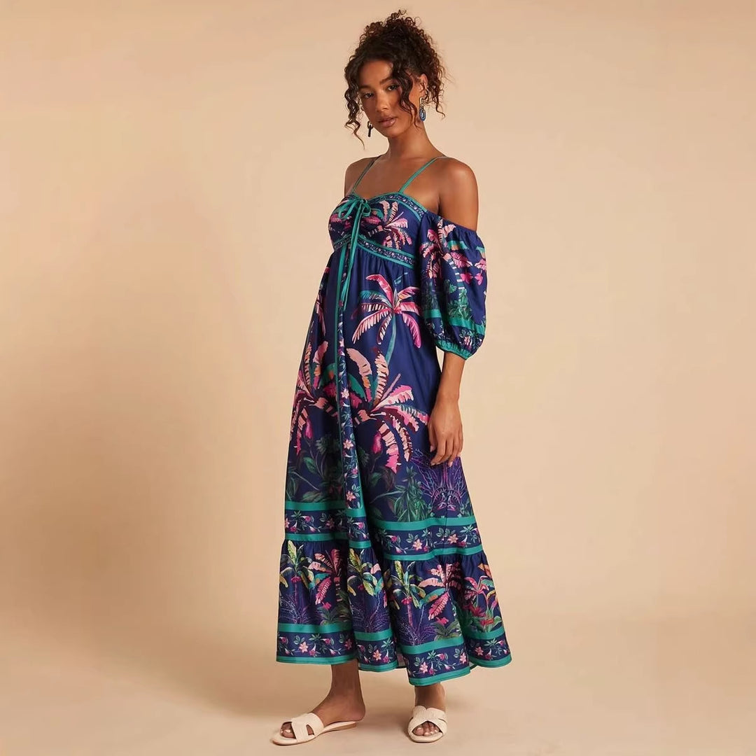 Women's maxi dress with off-shoulder design and tropical print Lune London