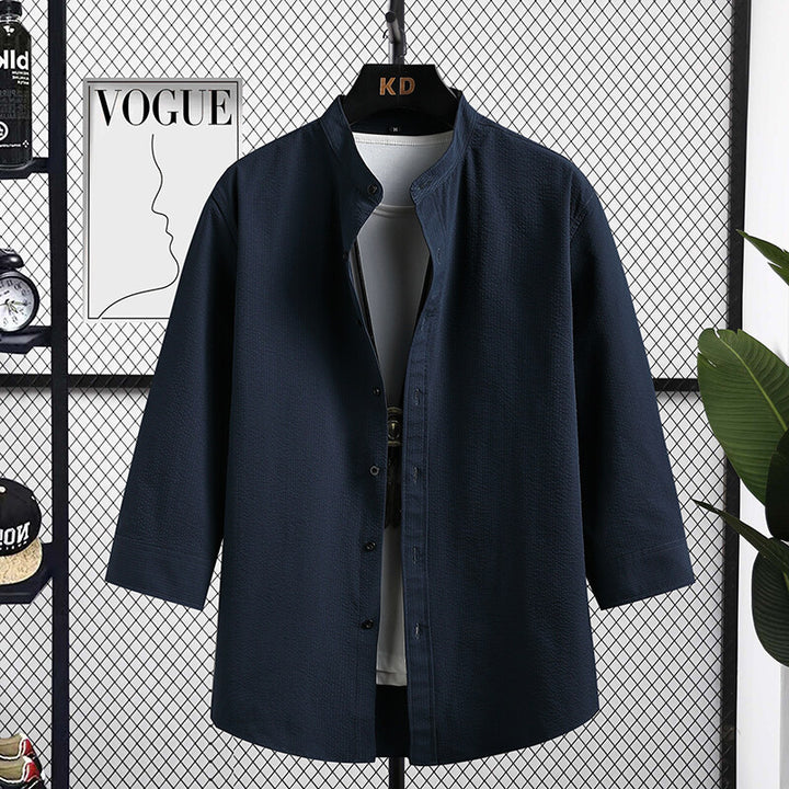Men's Nice Long Sleeve Shirt with Modern Stand-Up Collar and Textured Fabric Lisslune