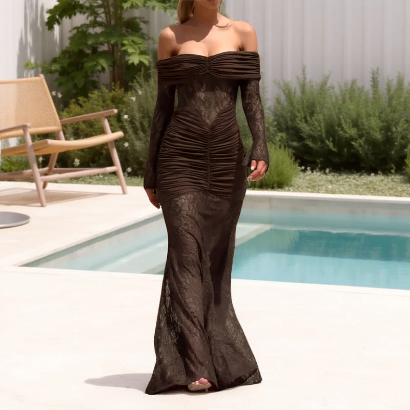 Women's maxi dress with chic ruching and off-shoulder design