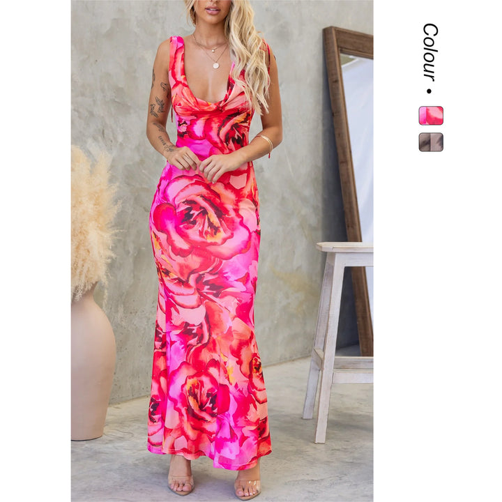 Women's maxi dress with elegant water neckline and floral accents