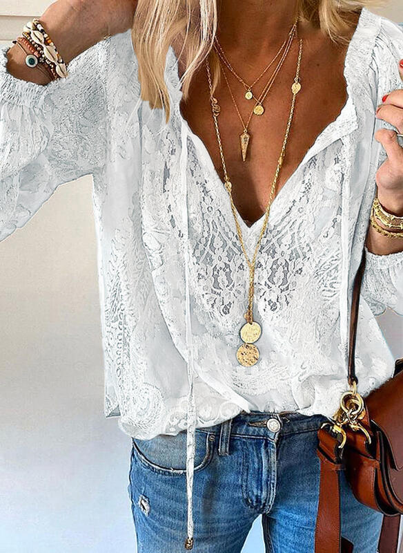 Women's elegant blouse with fine lace and deep V-neck Lisslune