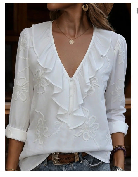Damen elegante Bluse mit Volant und floralem Stickmuster Lisslune