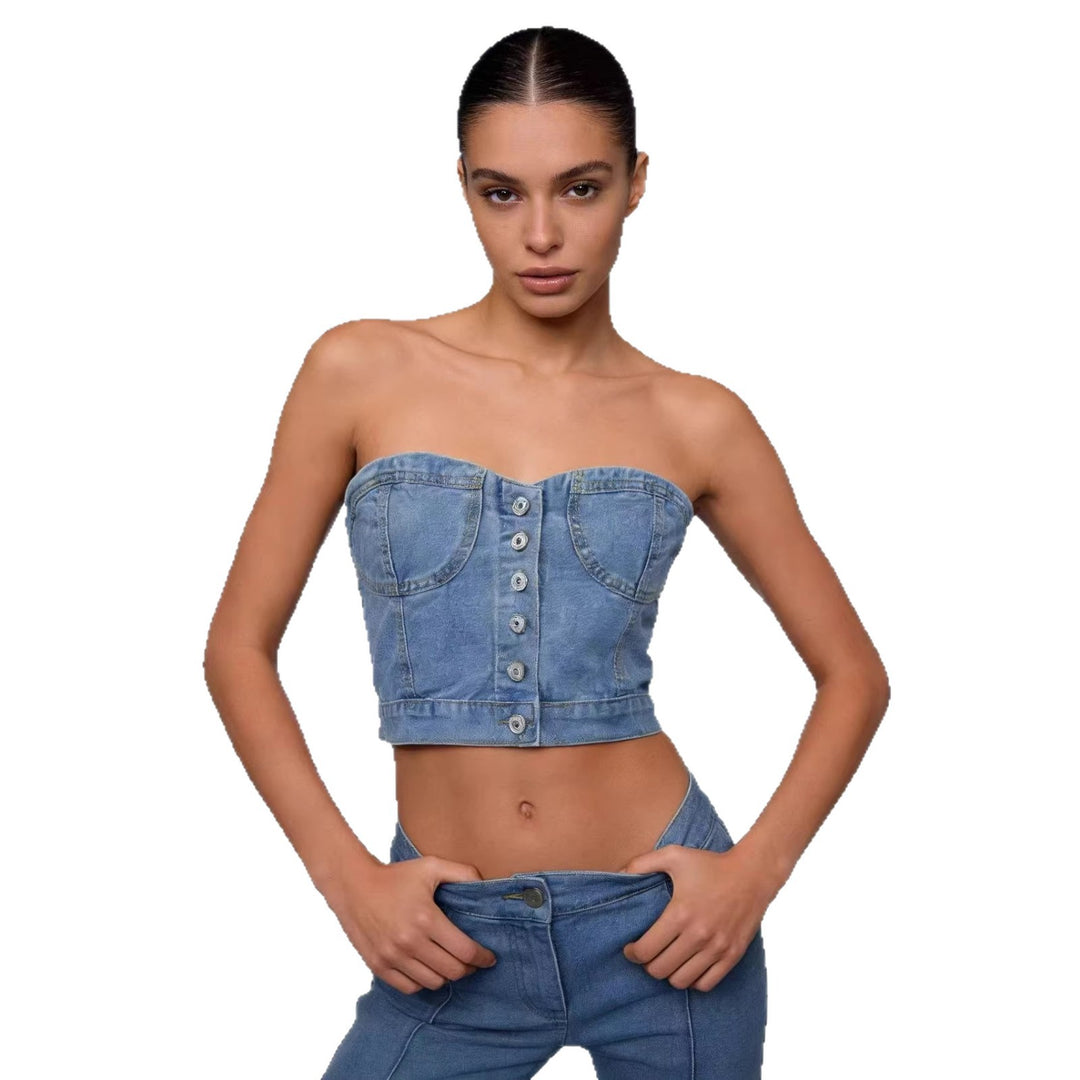Women Denim Bustier Top with Button Details and Tailored Cut Lisslune