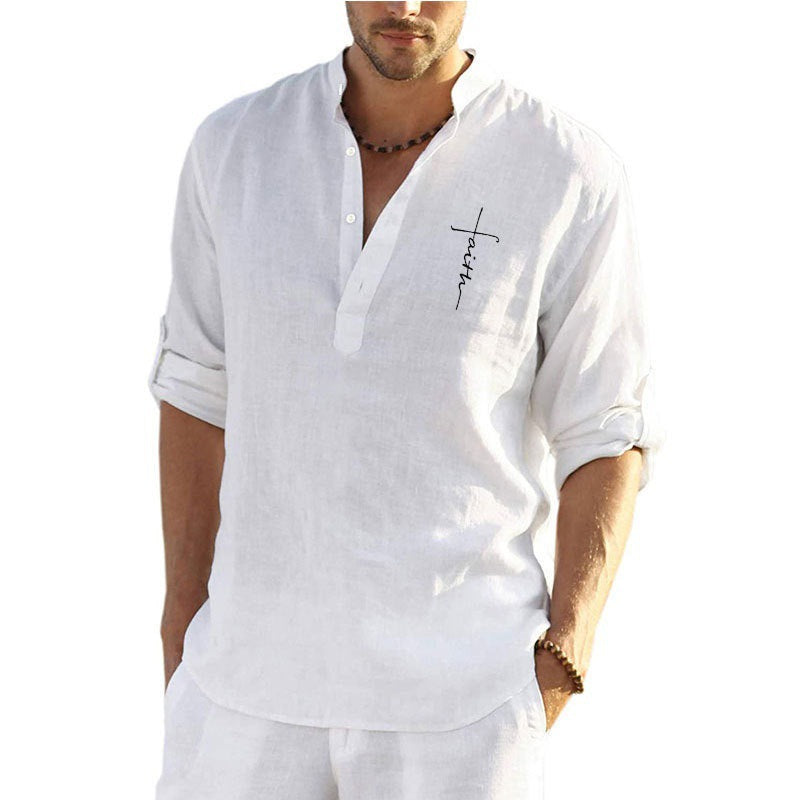 Men's linen shirt with modern stand-up collar and high-quality embroidery Lisslune
