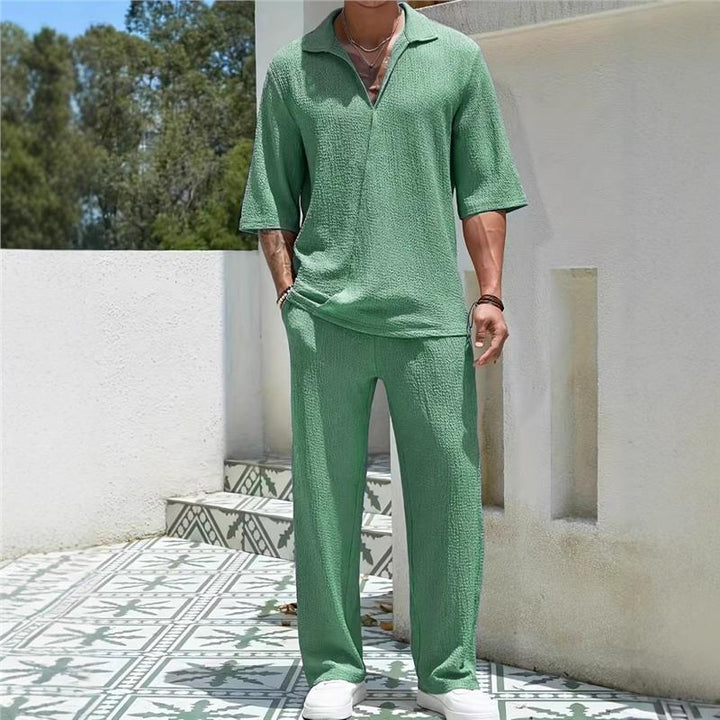 Men's casual leisure set with textured top and wide-cut trousers Lisslune