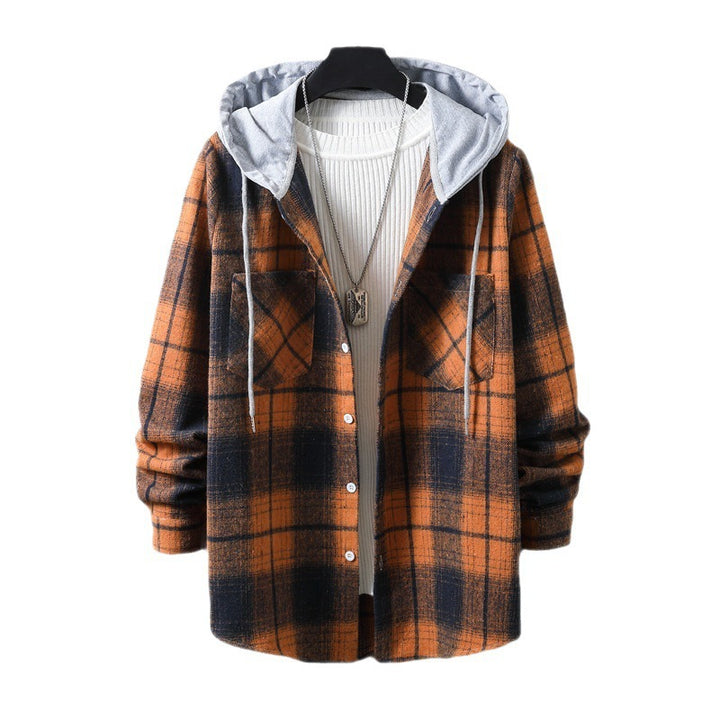 Men's casual flannel shirt jacket with hood and graphic check pattern Lisslune