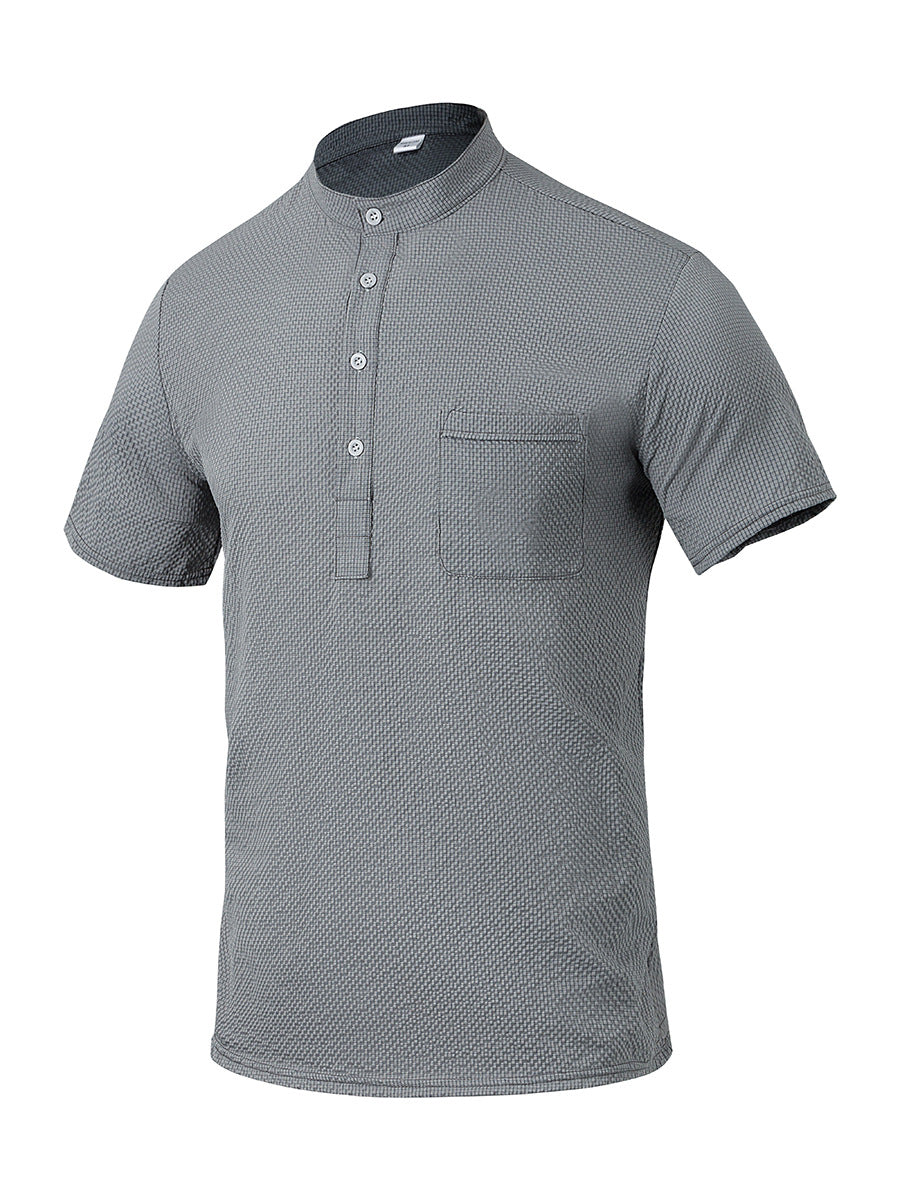 Men's Short Sleeve Shirt with Modern Stand Collar and Subtle Texture Lisslune