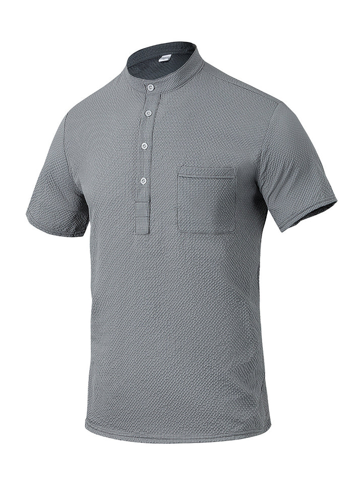 Men's Short Sleeve Shirt with Modern Stand Collar and Subtle Texture Lisslune