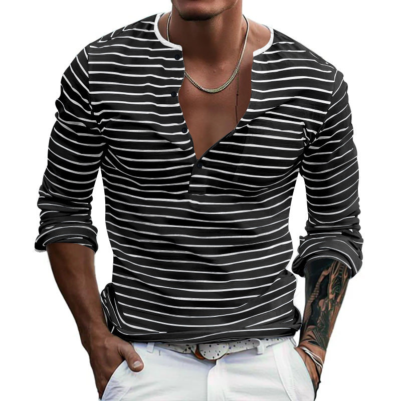 Men's Casual Long Sleeve Shirt with Subtle Stripe Pattern and Button Placket Lisslune