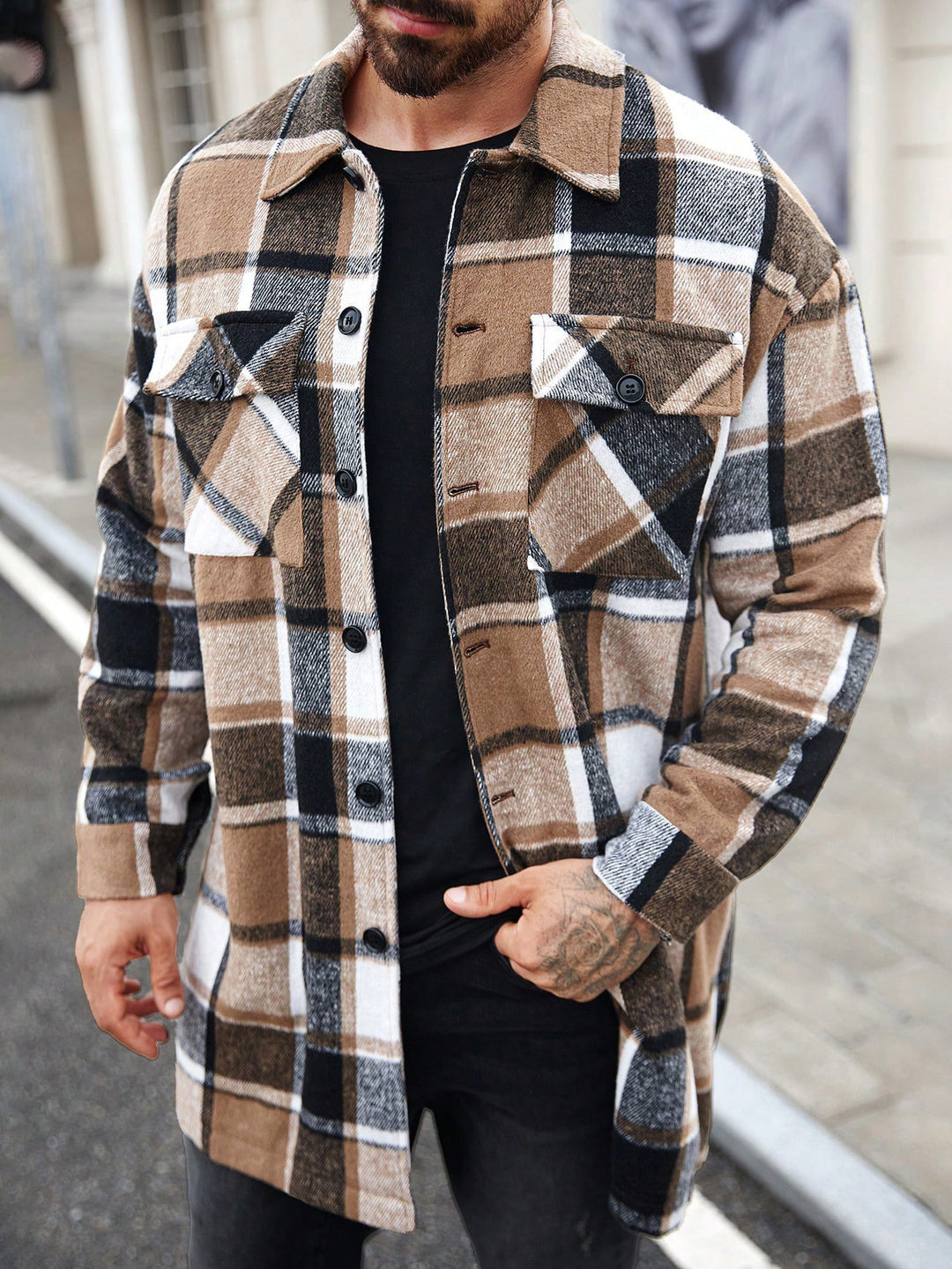 Men's flannel shirt jacket in checked design with practical pockets Lisslune