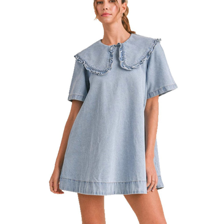 Women's denim dress with elegant ruffled collar finish Lisslune