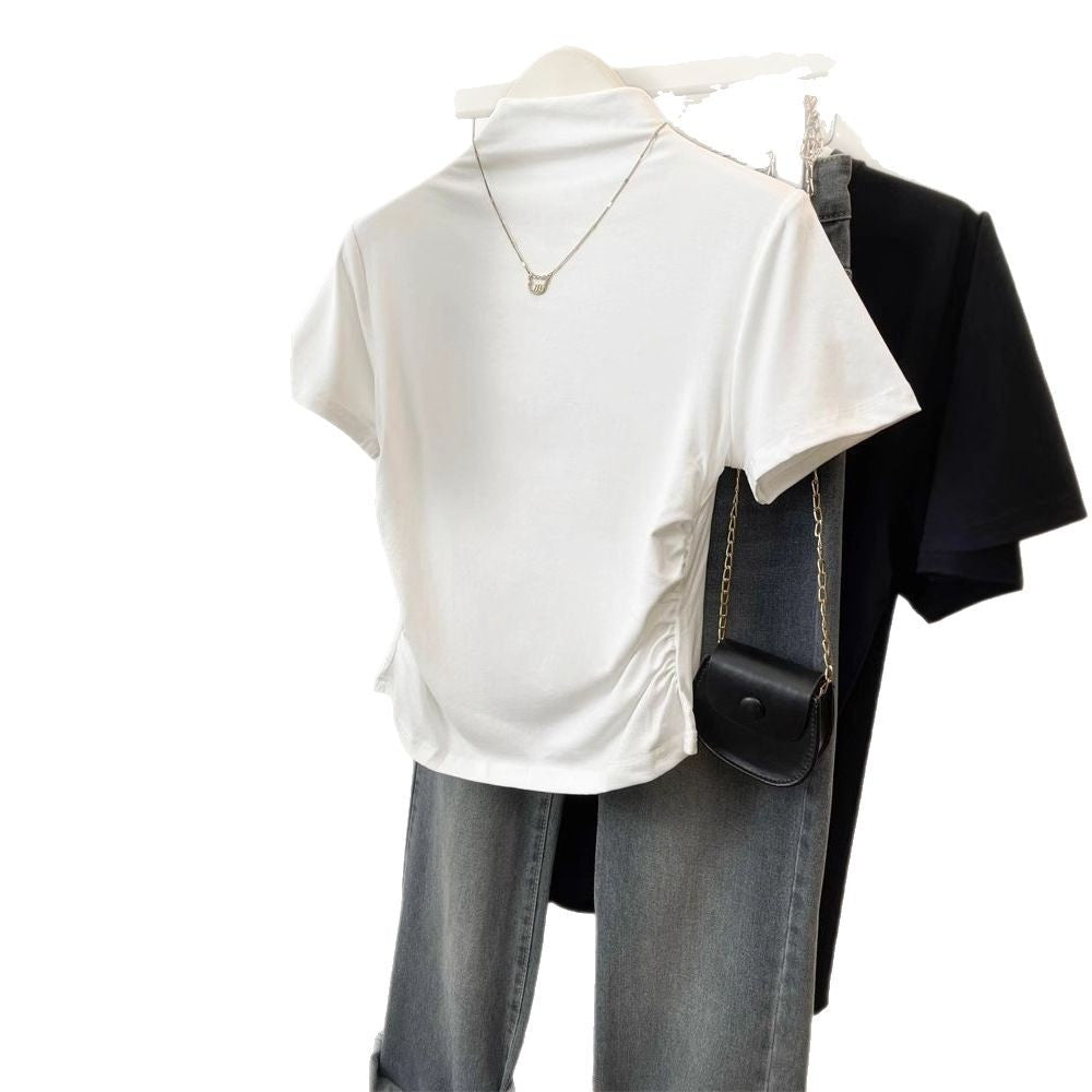 Women fitted T-shirt with stand-up collar and sophisticated ruffle detail