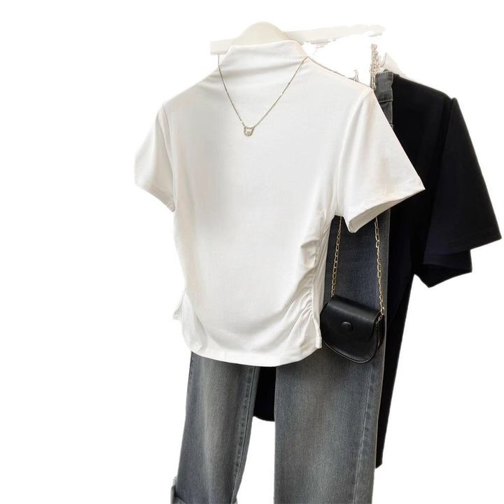 Women fitted T-shirt with stand-up collar and sophisticated ruffle detail
