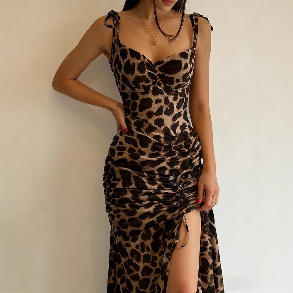 Ladies Elegant Maxi Dress with Leopard Print and Side Slit Lisslune