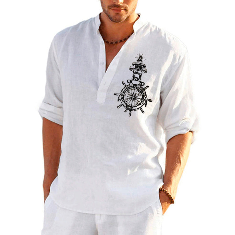 Men's linen shirt with maritime steering wheel design Lisslune