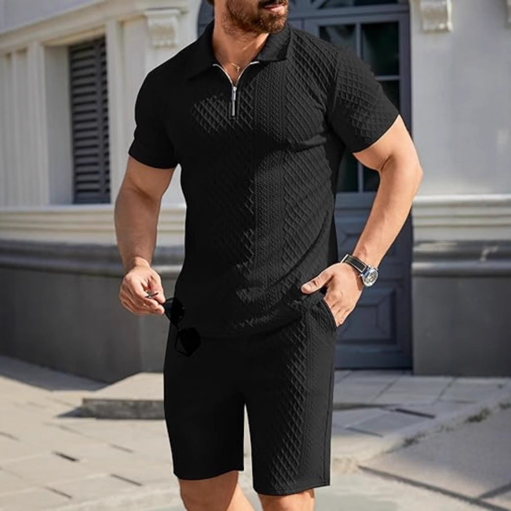Men's sporty short sleeve set with zipper and knit pattern Lisslune
