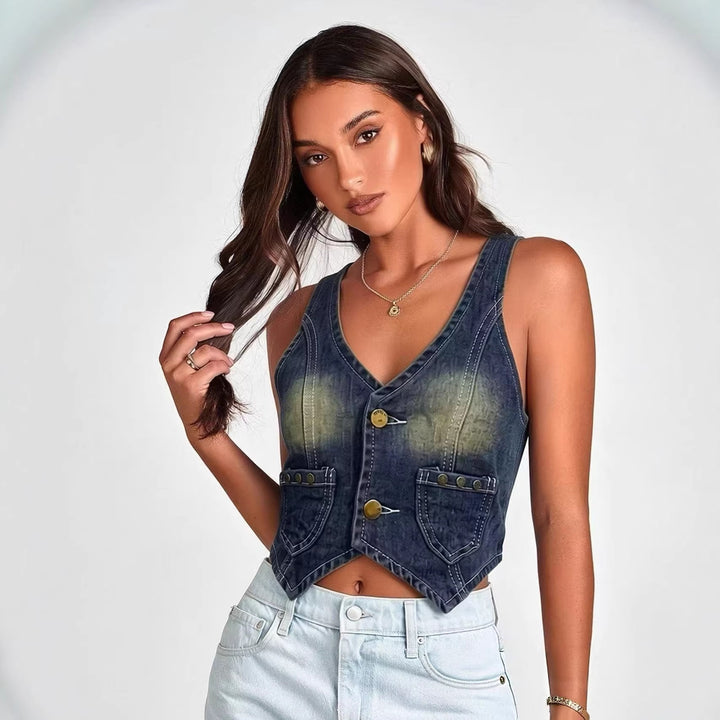 Women Denim Bustier Jacket with Button Details and Patches Lisslune