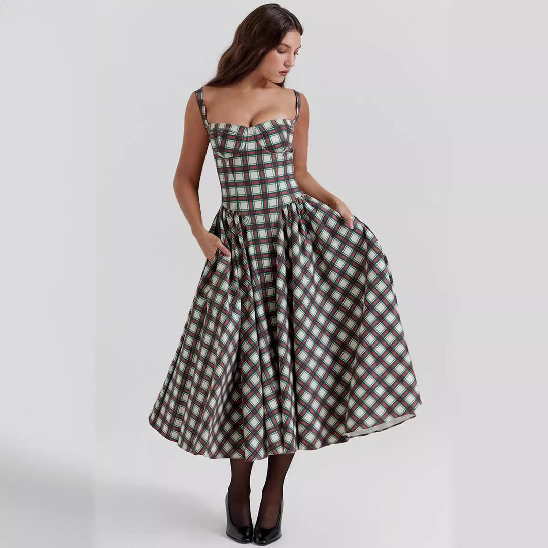 Women's midi dress in check pattern with textured bodice and voluminous skirt Lisslune