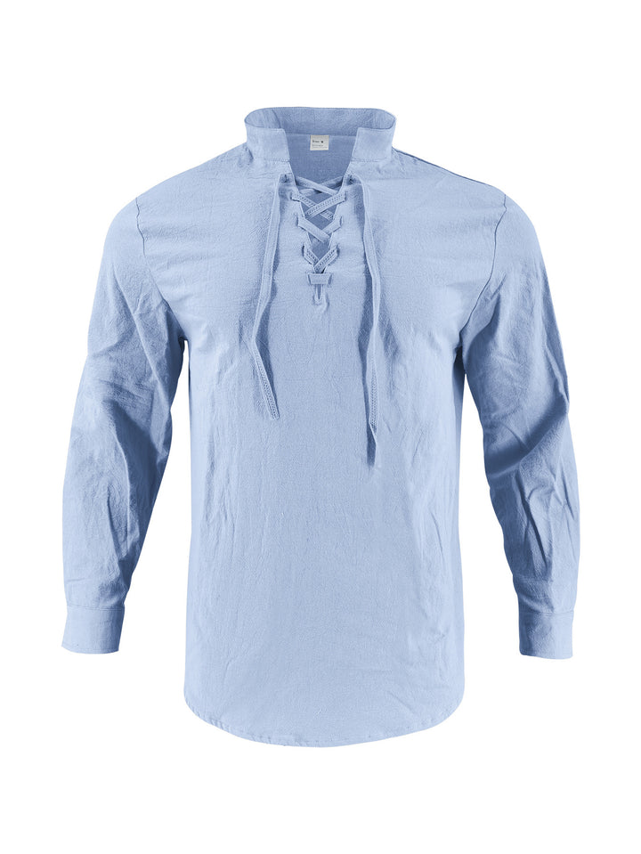 Men's long-sleeved shirt with trendy lacing and stand-up collar Lisslune