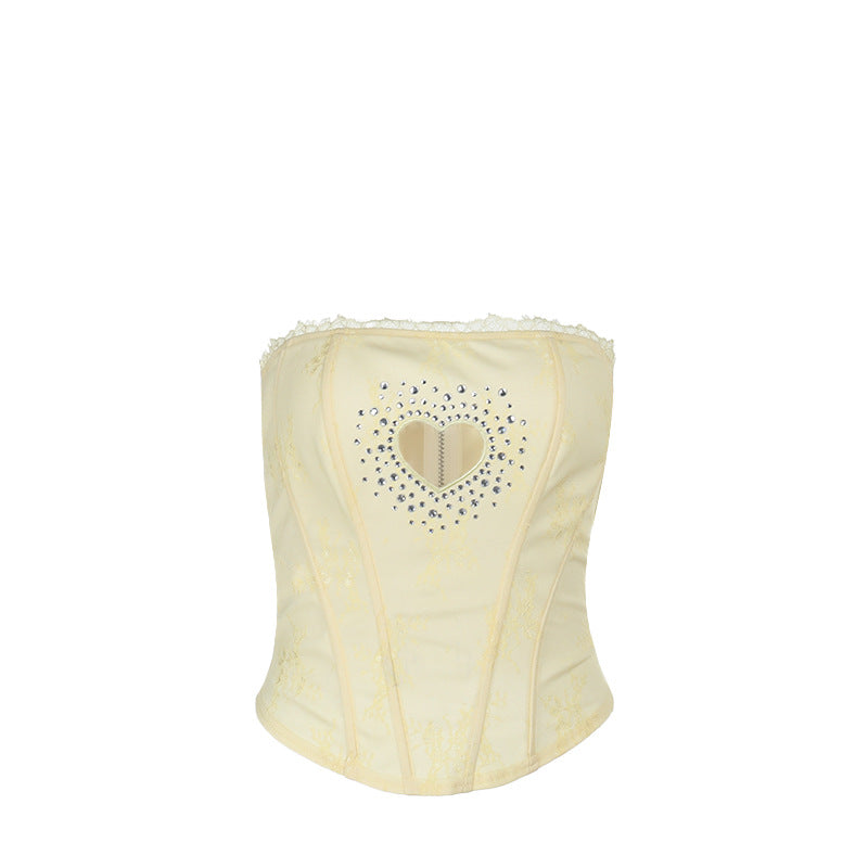Women's bustier top with heart-shaped neckline and elegant rhinestone details