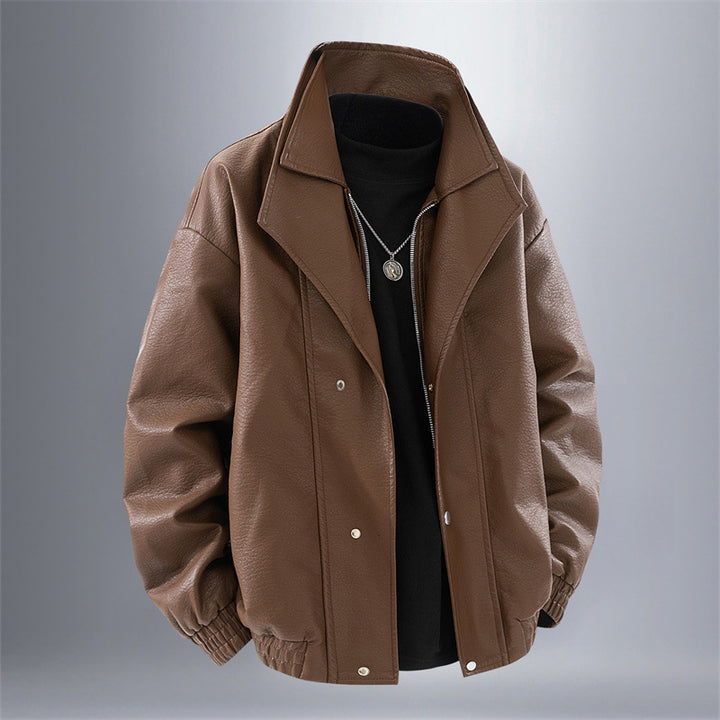 Men's fashionable oversized leather jacket with elegant collar and practical pockets Lisslune
