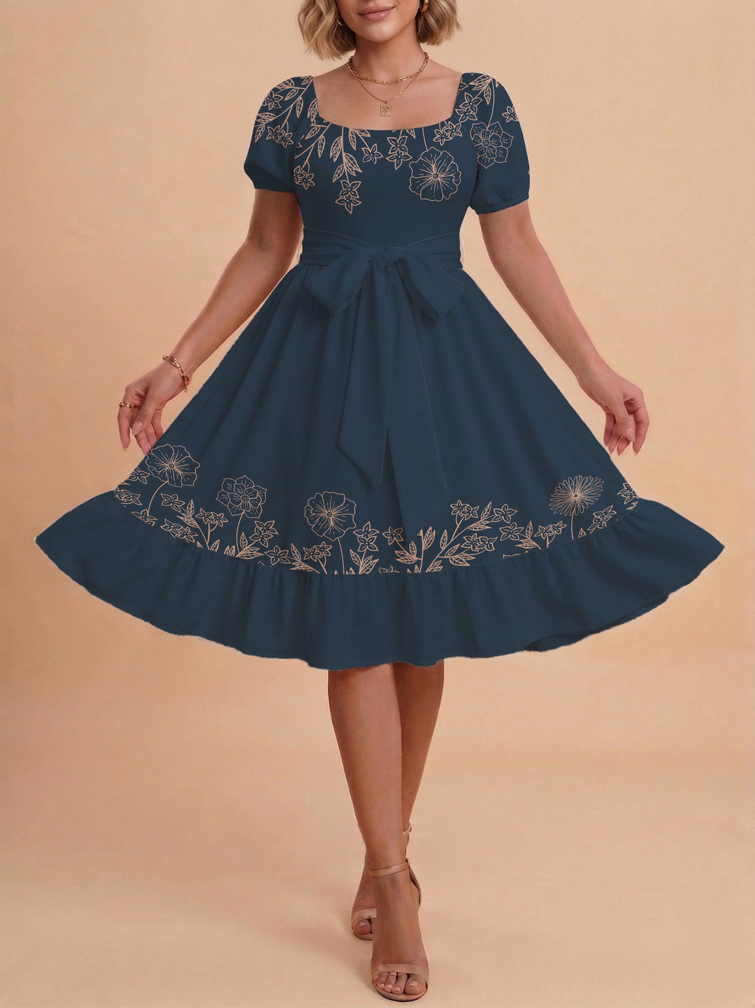 Women A-line dress with floral motifs and adjustable belt Lisslune