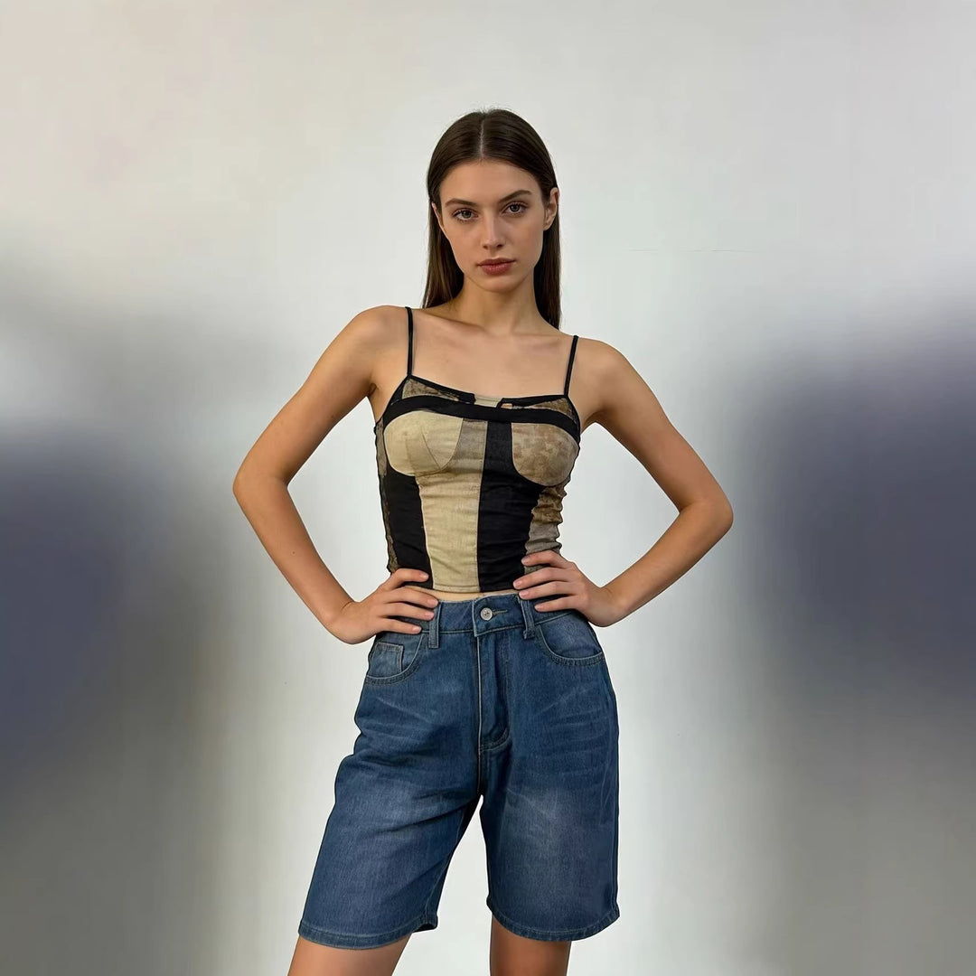 Women's fitted cropped top with stand-up collar and short sleeves Lisslune