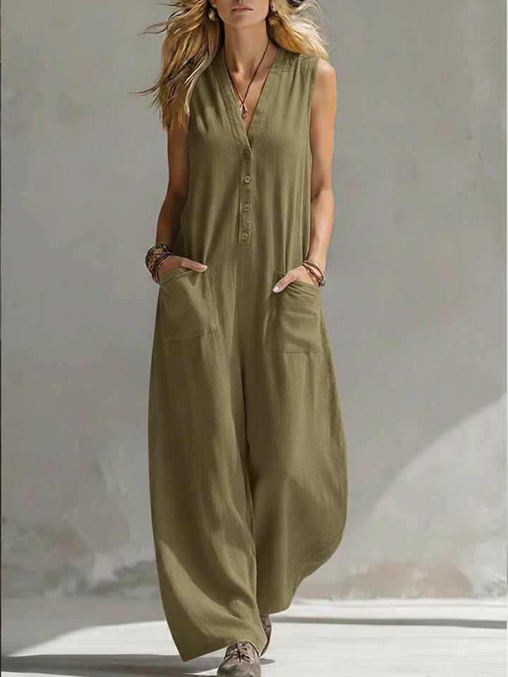 Damen Jumpsuit mit tiefem V-Ausschnitt und praktischen Taschen Lisslune