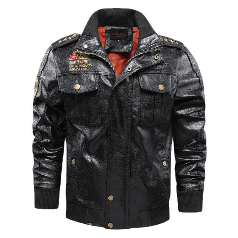 Men's Synthetic Leather Jacket with Military Design and Practical Pockets Lisslune
