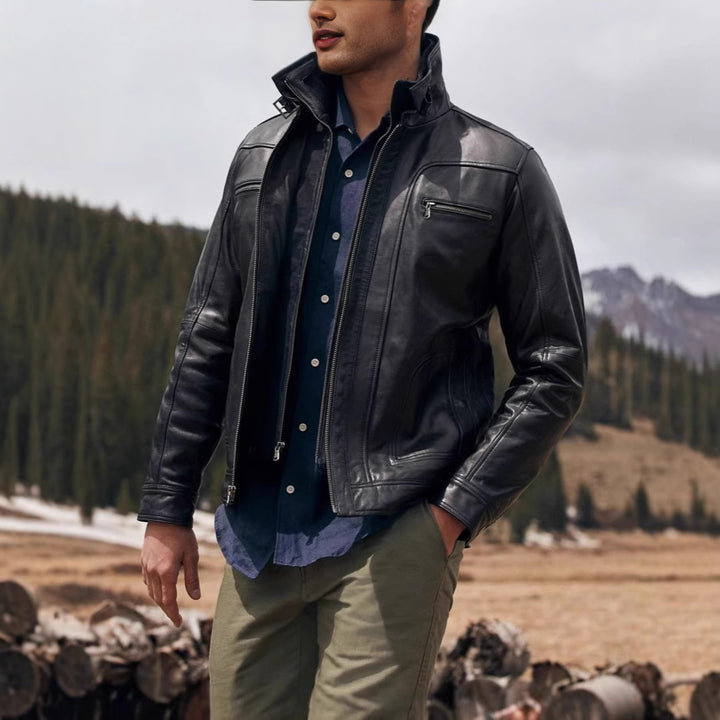 Men's casual leather jacket with modern stand-up collar and versatile pockets Lisslune