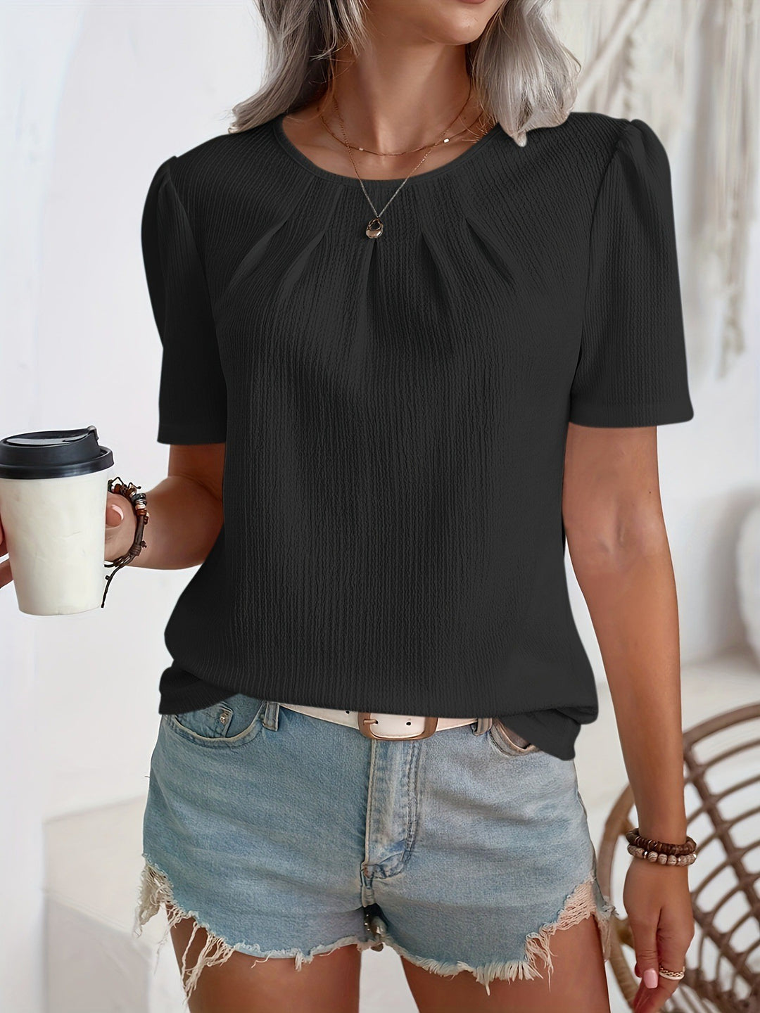 Women's Fashion Top with Textured Design and Puff Sleeves Lisslune