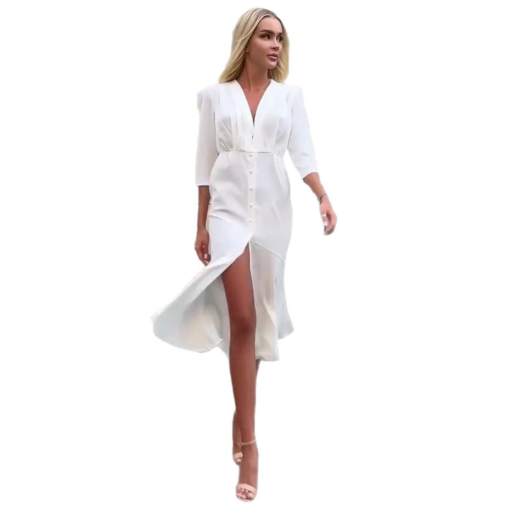 Women's shirt dress with elegant V-neck and button placket