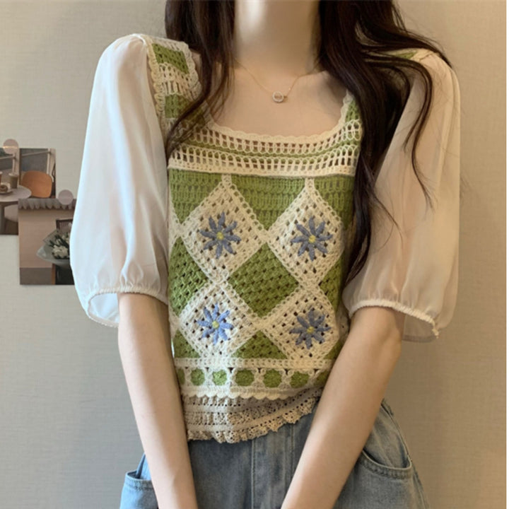 Women's crochet top with transparent puff sleeves and diamond-shaped design