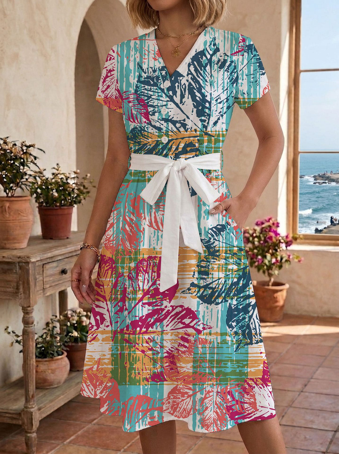 Women's casual maxi dress with adjustable knot and decorative check pattern Lisslune
