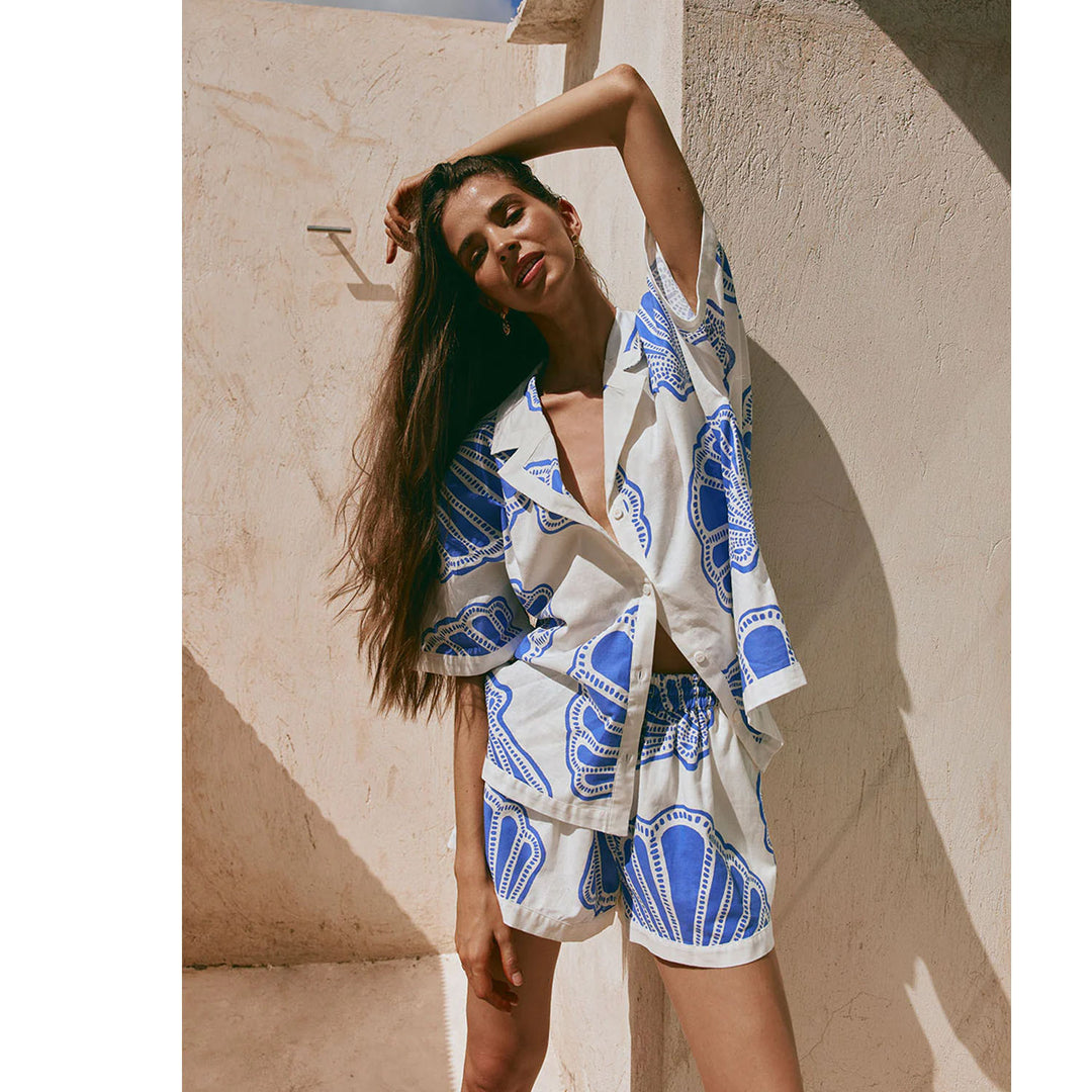 Women's Summer Short Sleeve Set with Maritime Shell Design and Loose Fit